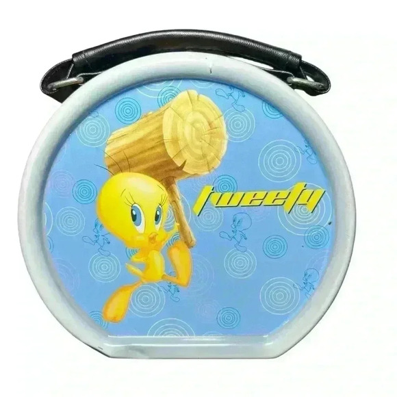 Vintage Looney Tunes Classic Tweety Drum Tin Tote Leather Handle & Latch Closure - Picture 2 of 7